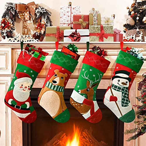 Christmas Stocking Set of 4,Large Santa Stocking, 18" Personalised Xmas Stockings for Kid Adults, Red Christmas Decoration Stocking Candy Pouch Ornaments