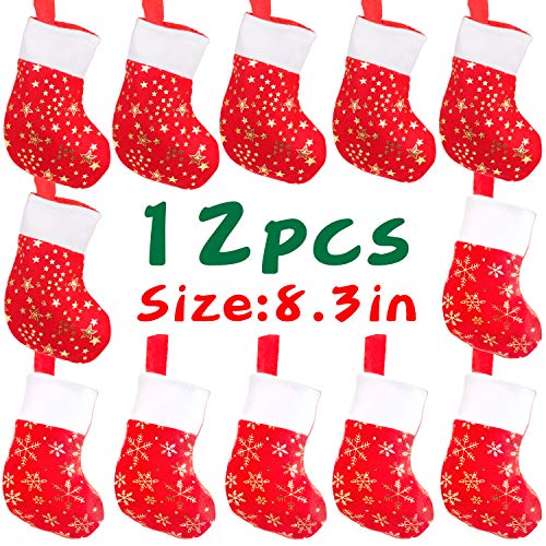 DERAYEE Christmas Mini Stockings,12 Pcs Felt Glitter Snowflake Stockings for Christmas Tree and Room Ornament Decoration and Gift Holder（8Inches）