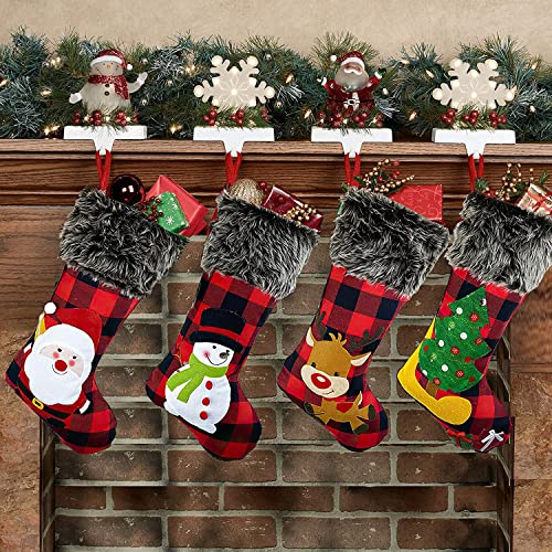 HAPIDS Christmas Stockings Set Of 4 - Large 46CM Xmas Stockings with Buffalo Plaid,Plush Fluff,Santa,Snowman,Reindeer,Xmas Tree designs. great addition for your Christmas Decorations (Pack of 4).