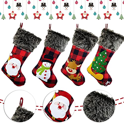 HAPIDS Christmas Stockings Set Of 4 - Large 46CM Xmas Stockings with Buffalo Plaid,Plush Fluff,Santa,Snowman,Reindeer,Xmas Tree designs. great addition for your Christmas Decorations (Pack of 4).