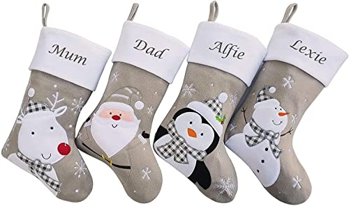 Hoolaroo Personalised Christmas Stockings – Custom Silver Name Embroidered Christmas Stocking w/Satin Lining - Snowman Design (40cm) Personalised Stocking Xmas Decorations