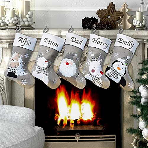 Hoolaroo Personalised Christmas Stockings – Custom Silver Name Embroidered Christmas Stocking w/Satin Lining - Snowman Design (40cm) Personalised Stocking Xmas Decorations