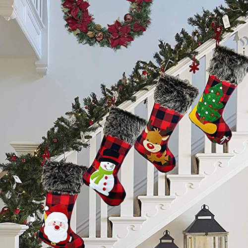 HAPIDS Christmas Stockings Set Of 4 - Large 46CM Xmas Stockings with Buffalo Plaid,Plush Fluff,Santa,Snowman,Reindeer,Xmas Tree designs. great addition for your Christmas Decorations (Pack of 4).