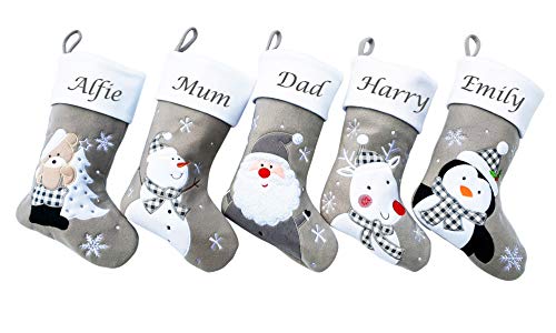 Hoolaroo Personalised Christmas Stockings – Custom Silver Name Embroidered Christmas Stocking w/Satin Lining - Snowman Design (40cm) Personalised Stocking Xmas Decorations