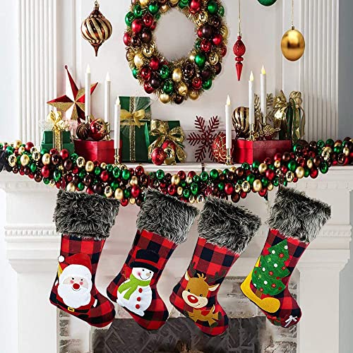 HAPIDS Christmas Stockings Set Of 4 - Large 46CM Xmas Stockings with Buffalo Plaid,Plush Fluff,Santa,Snowman,Reindeer,Xmas Tree designs. great addition for your Christmas Decorations (Pack of 4).