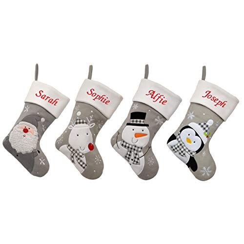 D3 Personalised Embroidered Silver Luxury Deluxe Christmas Stockings (Reindeer)