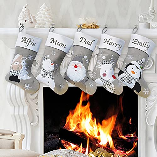 Hoolaroo Personalised Christmas Stockings – Custom Silver Name Embroidered Christmas Stocking w/Satin Lining - Snowman Design (40cm) Personalised Stocking Xmas Decorations