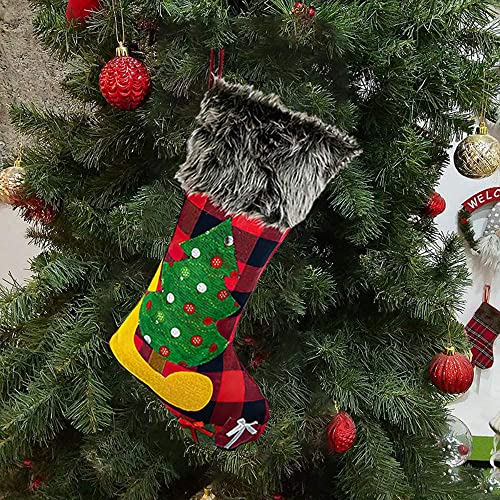 HAPIDS Christmas Stockings Set Of 4 - Large 46CM Xmas Stockings with Buffalo Plaid,Plush Fluff,Santa,Snowman,Reindeer,Xmas Tree designs. great addition for your Christmas Decorations (Pack of 4).
