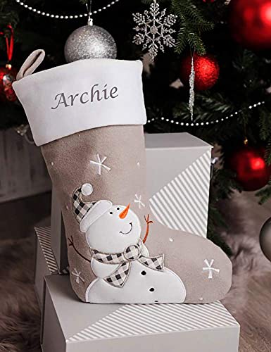 Hoolaroo Personalised Christmas Stockings – Custom Silver Name Embroidered Christmas Stocking w/Satin Lining - Snowman Design (40cm) Personalised Stocking Xmas Decorations