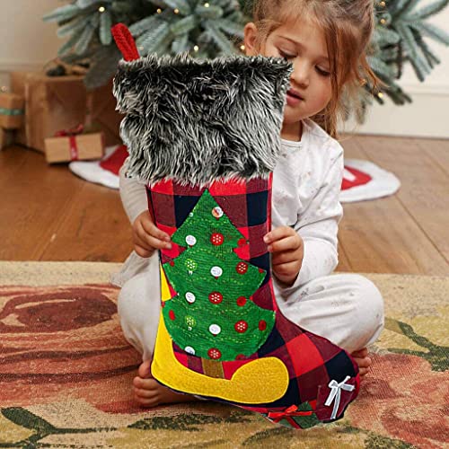 HAPIDS Christmas Stockings Set Of 4 - Large 46CM Xmas Stockings with Buffalo Plaid,Plush Fluff,Santa,Snowman,Reindeer,Xmas Tree designs. great addition for your Christmas Decorations (Pack of 4).