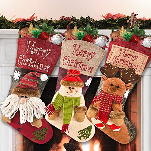Telgoner Christmas Stocking Set of 3, Large Xmas Stockings for Tree Decoration, Personalised Sock Gift Bag for kids/Adult/Teenagers, Candy Pouch Bag Ornaments, Themed Santa, Snowman, Reindeer