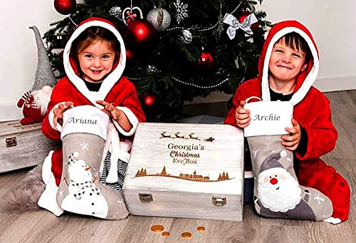 Hoolaroo Personalised Christmas Stockings – Custom Silver Name Embroidered Christmas Stocking w/Satin Lining - Snowman Design (40cm) Personalised Stocking Xmas Decorations