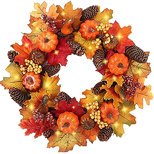 IMOPUITI Autumn Wreaths with LED Light 40cm Fall Maple Leaf Pumpkin Berry Garland Artificial Flower Wreath Front Door for Halloween Christmas Thanksgiving Wall Home Decoration