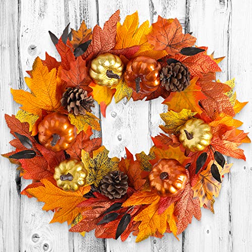 Benjia Autumn Wreath Front Door, Autumnal Fall Halloween Reef Pumpkin Door Wreaths for Outdoor Outside Octber Harvest Thanksgiving Decor Decorations 45cm