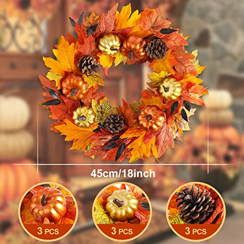 Benjia Autumn Wreath Front Door, Autumnal Fall Halloween Reef Pumpkin Door Wreaths for Outdoor Outside Octber Harvest Thanksgiving Decor Decorations 45cm