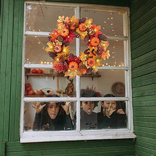 IMOPUITI Autumn Wreaths with LED Light 40cm Fall Maple Leaf Pumpkin Berry Garland Artificial Flower Wreath Front Door for Halloween Christmas Thanksgiving Wall Home Decoration