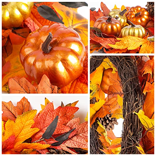 Benjia Autumn Wreath Front Door, Autumnal Fall Halloween Reef Pumpkin Door Wreaths for Outdoor Outside Octber Harvest Thanksgiving Decor Decorations 45cm