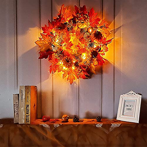 IMOPUITI Autumn Wreaths with LED Light 40cm Fall Maple Leaf Pumpkin Berry Garland Artificial Flower Wreath Front Door for Halloween Christmas Thanksgiving Wall Home Decoration