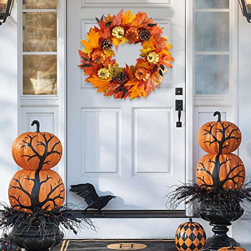 Benjia Autumn Wreath Front Door, Autumnal Fall Halloween Reef Pumpkin Door Wreaths for Outdoor Outside Octber Harvest Thanksgiving Decor Decorations 45cm
