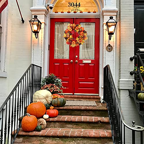IMOPUITI Autumn Wreaths with LED Light 40cm Fall Maple Leaf Pumpkin Berry Garland Artificial Flower Wreath Front Door for Halloween Christmas Thanksgiving Wall Home Decoration