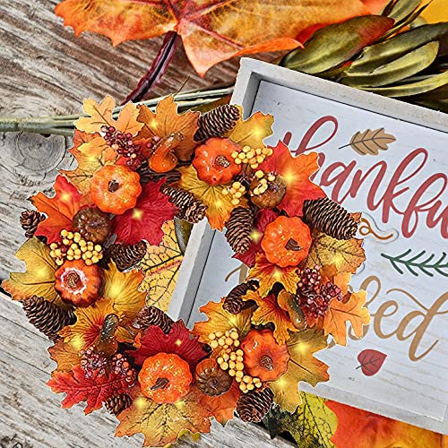 IMOPUITI Autumn Wreaths with LED Light 40cm Fall Maple Leaf Pumpkin Berry Garland Artificial Flower Wreath Front Door for Halloween Christmas Thanksgiving Wall Home Decoration