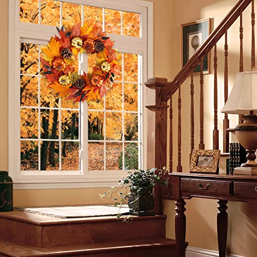 Benjia Autumn Wreath Front Door, Autumnal Fall Halloween Reef Pumpkin Door Wreaths for Outdoor Outside Octber Harvest Thanksgiving Decor Decorations 45cm