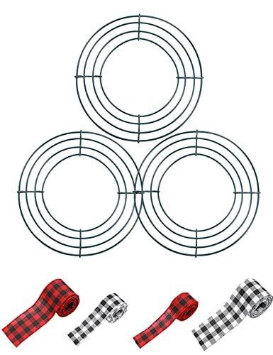 N&J Wreath Rings,3pcs 10" Dark Green Christmas Wreath Frame, Extra Gift of Two Checkered ribbon,For New Year Valentines Wedding Halloween Wreath Decoration
