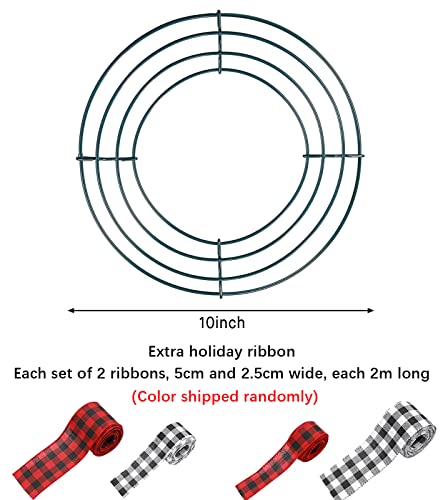 N&J Wreath Rings,3pcs 10" Dark Green Christmas Wreath Frame, Extra Gift of Two Checkered ribbon,For New Year Valentines Wedding Halloween Wreath Decoration