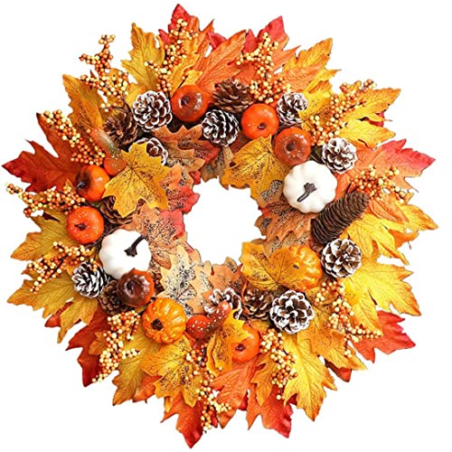 FANXIYA Autumn Door Wreath, Artificial Fall Maple Leaf Wreath for Front Door &Outdoor, Christmas Large Harvest House Decorations with Pumpkin& Berry for Easter, Thanksgiving, Spring& Garden