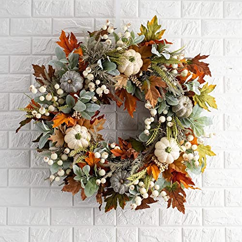 Autumn Wreath Front Door, Fall Wreath Rattan Frame with Pumpkin, Berries, Pine Cone and Maple Leaves for Halloween Thanksgiving Autumn Harvest Decorations 50CM