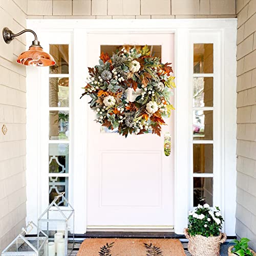Autumn Wreath Front Door, Fall Wreath Rattan Frame with Pumpkin, Berries, Pine Cone and Maple Leaves for Halloween Thanksgiving Autumn Harvest Decorations 50CM