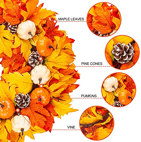 FANXIYA Autumn Door Wreath, Artificial Fall Maple Leaf Wreath for Front Door &Outdoor, Christmas Large Harvest House Decorations with Pumpkin& Berry for Easter, Thanksgiving, Spring& Garden