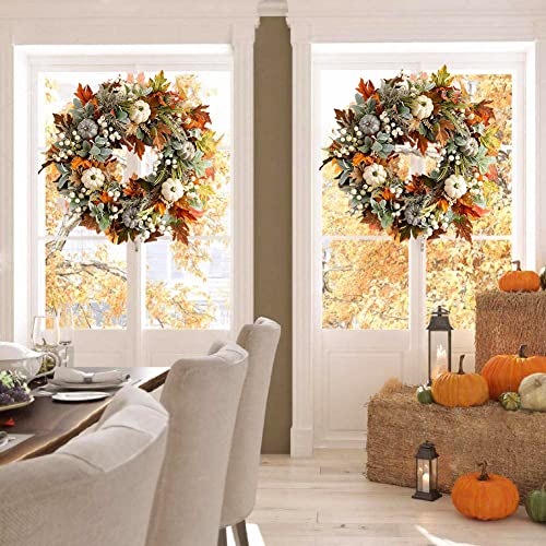 Autumn Wreath Front Door, Fall Wreath Rattan Frame with Pumpkin, Berries, Pine Cone and Maple Leaves for Halloween Thanksgiving Autumn Harvest Decorations 50CM