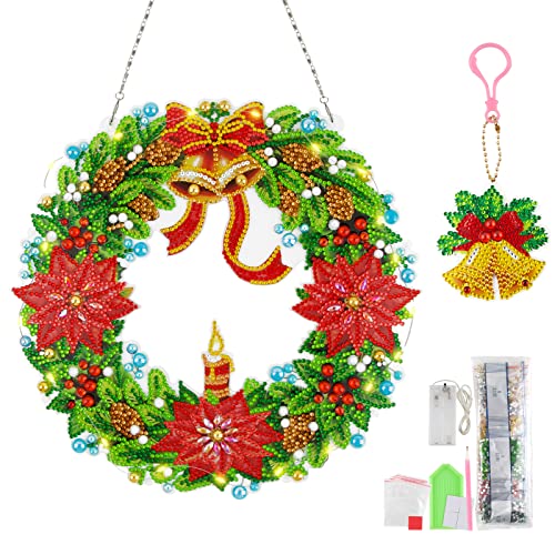 DIY Christmas Diamond Painting Kits, Diamond Art Hanging Pendant, 5D Mosaic Crystal Christmas Wreath ​with Bell Keychain for Christmas DIY Door Wall Decoration