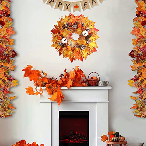 FANXIYA Autumn Door Wreath, Artificial Fall Maple Leaf Wreath for Front Door &Outdoor, Christmas Large Harvest House Decorations with Pumpkin& Berry for Easter, Thanksgiving, Spring& Garden