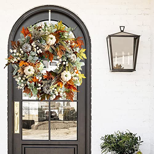 Autumn Wreath Front Door, Fall Wreath Rattan Frame with Pumpkin, Berries, Pine Cone and Maple Leaves for Halloween Thanksgiving Autumn Harvest Decorations 50CM