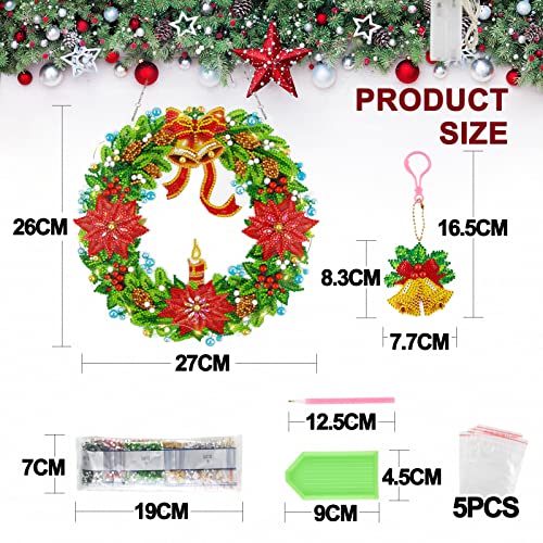 DIY Christmas Diamond Painting Kits, Diamond Art Hanging Pendant, 5D Mosaic Crystal Christmas Wreath ​with Bell Keychain for Christmas DIY Door Wall Decoration