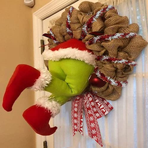 Christmas Wreaths for Front Door,Grinch Christmas Plush Wreath,Christmas Thief Stole Burlap Plush Legs for Christmas Decorations, Stuffed Legs Toy Doll for Christmas Indoor Front Door(30*19*10-Red)
