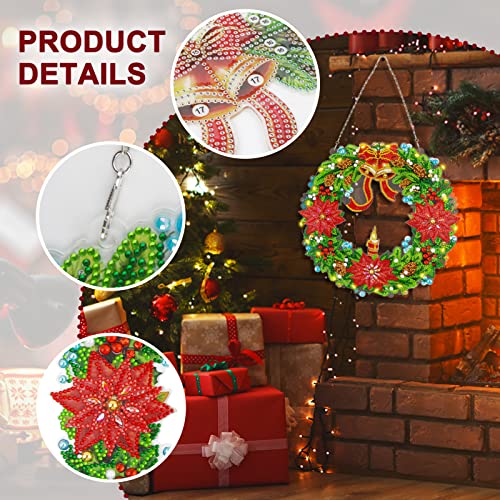 DIY Christmas Diamond Painting Kits, Diamond Art Hanging Pendant, 5D Mosaic Crystal Christmas Wreath ​with Bell Keychain for Christmas DIY Door Wall Decoration
