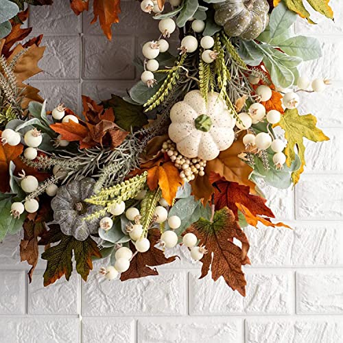 Autumn Wreath Front Door, Fall Wreath Rattan Frame with Pumpkin, Berries, Pine Cone and Maple Leaves for Halloween Thanksgiving Autumn Harvest Decorations 50CM