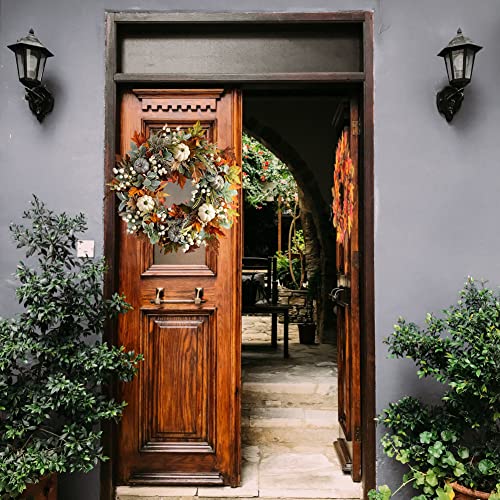 Autumn Wreath Front Door, Fall Wreath Rattan Frame with Pumpkin, Berries, Pine Cone and Maple Leaves for Halloween Thanksgiving Autumn Harvest Decorations 50CM