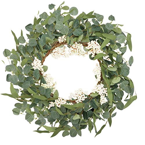 CiCiwind 19'' Artificial Eucalyptus Wreath for Front Door Spring Wreath with White Berries Green Leaf Wreath for Farmhouse Window Front Patio Garden Decoration