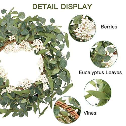 CiCiwind 19'' Artificial Eucalyptus Wreath for Front Door Spring Wreath with White Berries Green Leaf Wreath for Farmhouse Window Front Patio Garden Decoration
