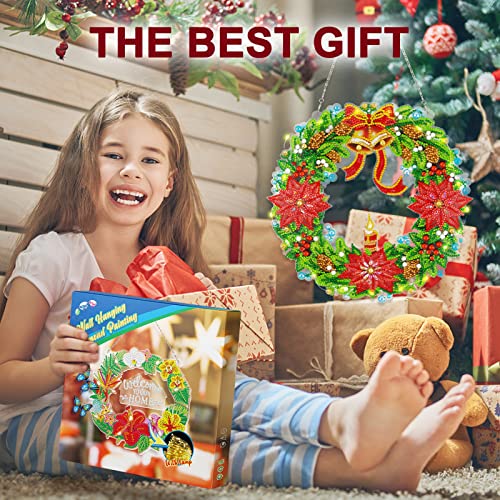 DIY Christmas Diamond Painting Kits, Diamond Art Hanging Pendant, 5D Mosaic Crystal Christmas Wreath ​with Bell Keychain for Christmas DIY Door Wall Decoration