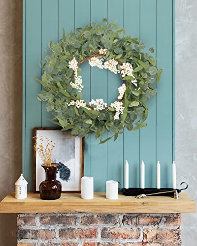 CiCiwind 19'' Artificial Eucalyptus Wreath for Front Door Spring Wreath with White Berries Green Leaf Wreath for Farmhouse Window Front Patio Garden Decoration