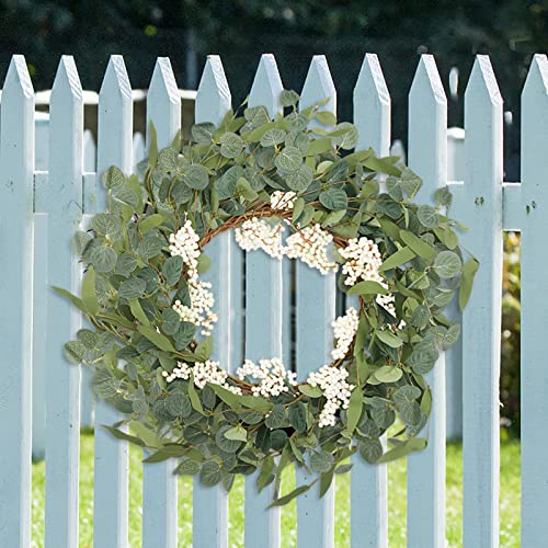 CiCiwind 19'' Artificial Eucalyptus Wreath for Front Door Spring Wreath with White Berries Green Leaf Wreath for Farmhouse Window Front Patio Garden Decoration