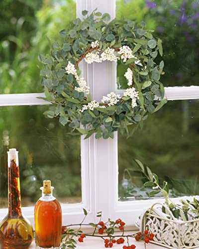 CiCiwind 19'' Artificial Eucalyptus Wreath for Front Door Spring Wreath with White Berries Green Leaf Wreath for Farmhouse Window Front Patio Garden Decoration
