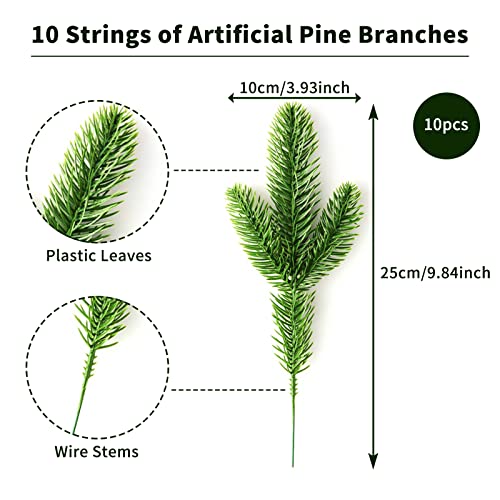 10Pcs Artificial Pine Branches - Green Leaves Needle Christmas Tree Branches for Wreath Making Supplies, Fake Greenery Pine Pick Branches for Garland Wreath Xmas Embellishing Home Garden Decoration