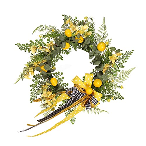 DECHOUS Outdoor Decor Artificial Flower Wreath: Lemon Wreath Front Door Wreath Summer Hanging Flower Wreath Summer Wreath for Front Door Wall Window Home Party Festival Wedding Decor Yellow Decor