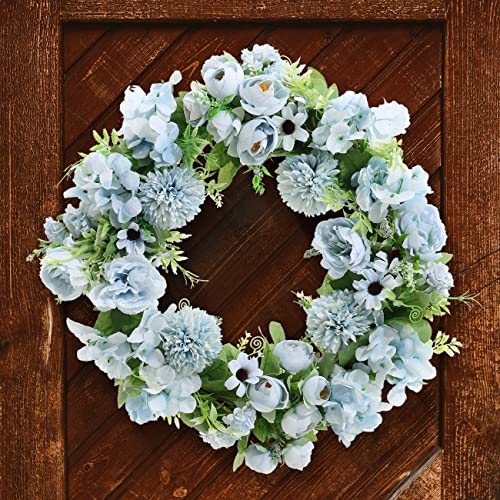 Warmiehomy 38cm Artificial Flower Wreath,Door Wreath Blue Hydrangea and Peony Flower Artificial Garlands Front Door Wreath for Christmas Festival Farmhouse Home Valentine Decoration